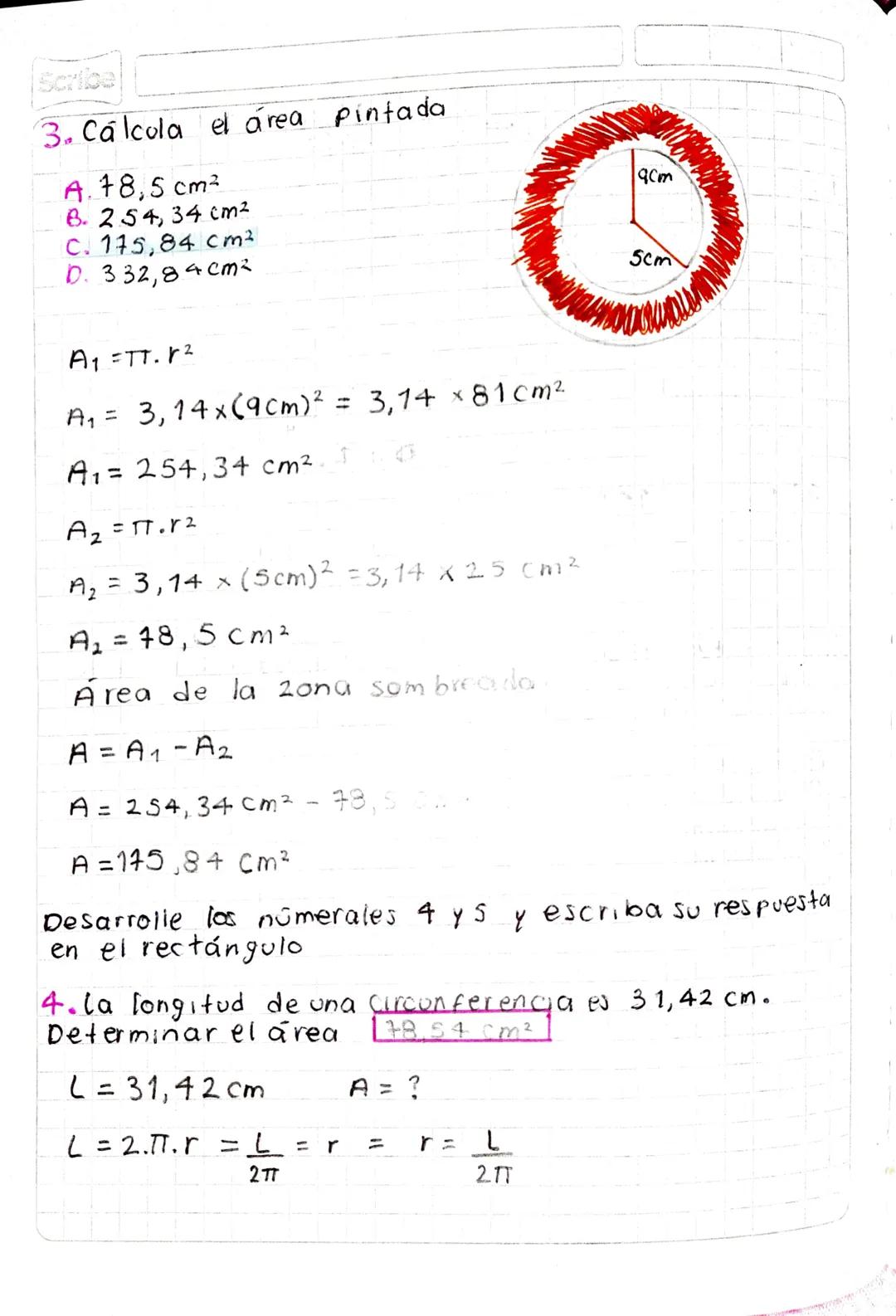 Quiz #2
• Encierre la respuesta correcta, Sustentando con procedi-
y aplicacion de las
miento
1.Halla el area del circulo
A 2.5, 12 cm²
B. 5
