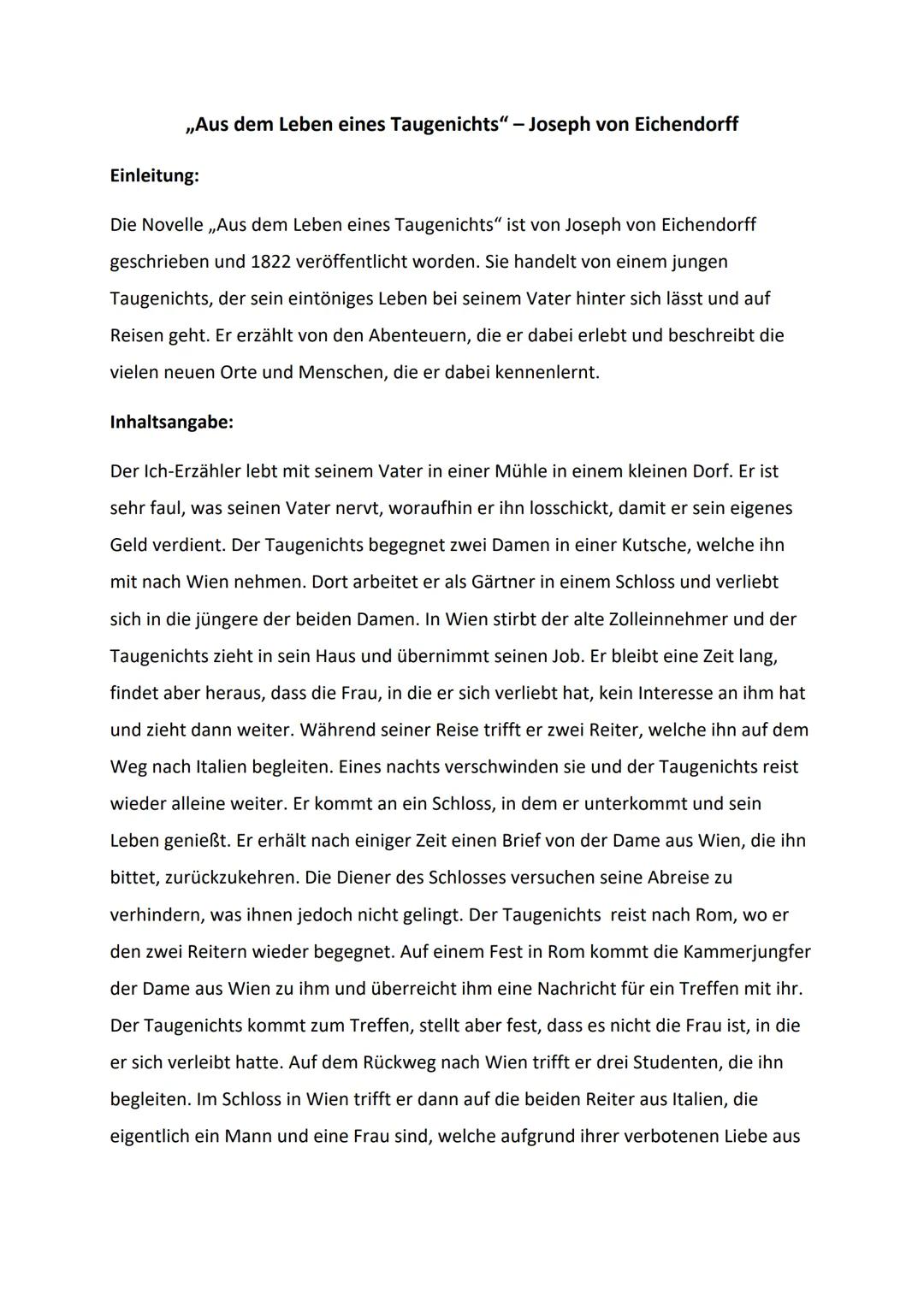 # „Aus dem Leben eines Taugenichts" - Joseph von Eichendorff

Einleitung:

Die Novelle „Aus dem Leben eines Taugenichts" ist von Joseph von 