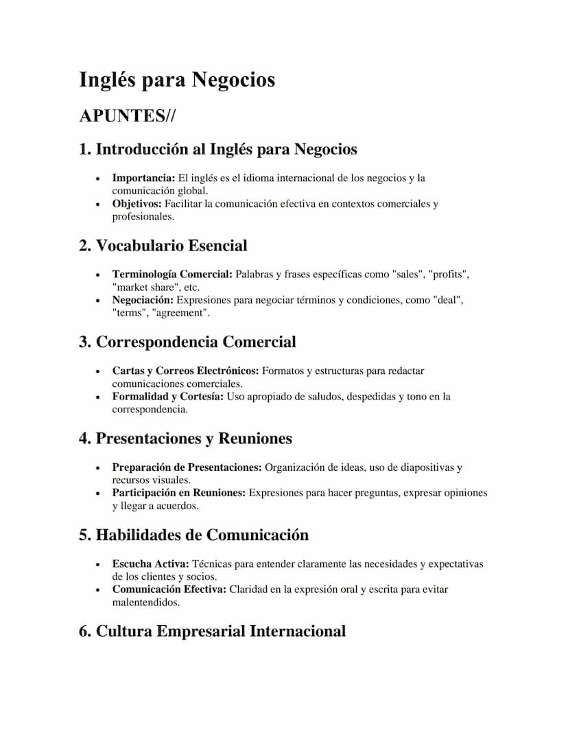 Inglés para Negocios
APUNTES//
1. Introducción al Inglés para Negocios
•
Importancia: El inglés es el idioma internacional de los negocios y