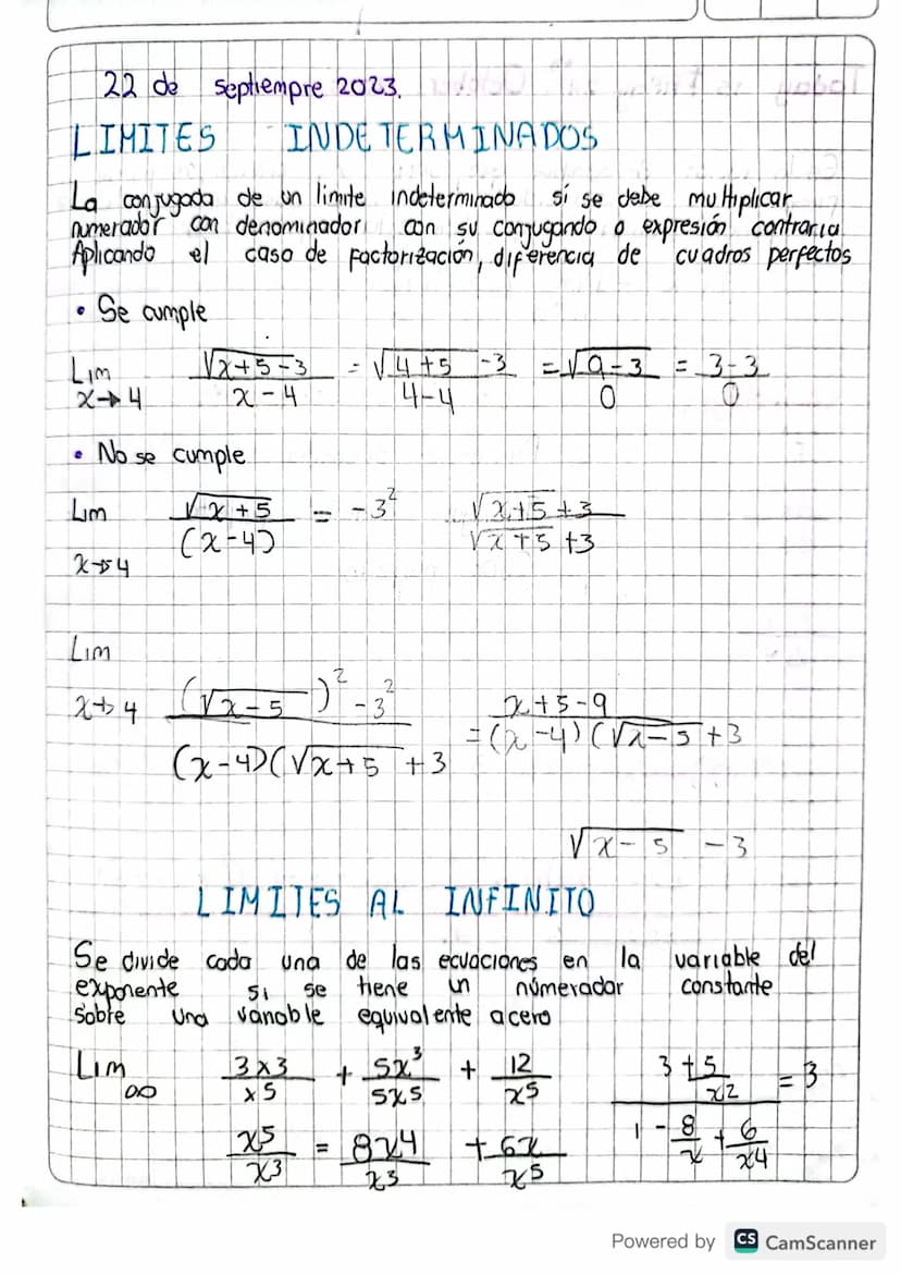 22 de septiempre 2023.
LIMITES
INDETERMINADOS
La conjugada de un limite indeterminado si se debe multiplicar
numerador con denominador con s