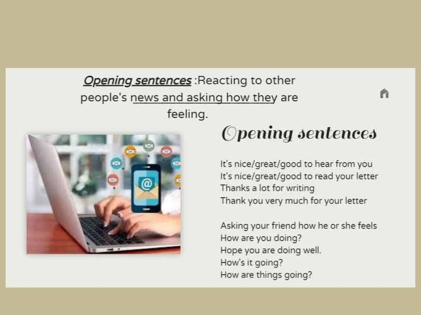 How to write and
E-mail
@
By andrés Gómez Greeting
Opening p.
Main p. 1
Main p. 2
Dear John,
It's nice to hear from you, and I'm happy to
an