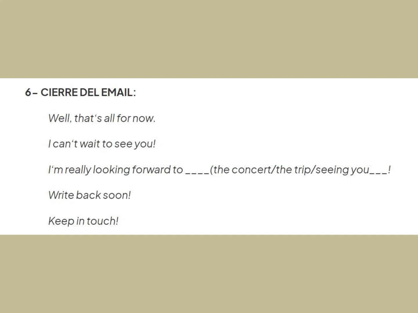 How to write and
E-mail
@
By andrés Gómez Greeting
Opening p.
Main p. 1
Main p. 2
Dear John,
It's nice to hear from you, and I'm happy to
an