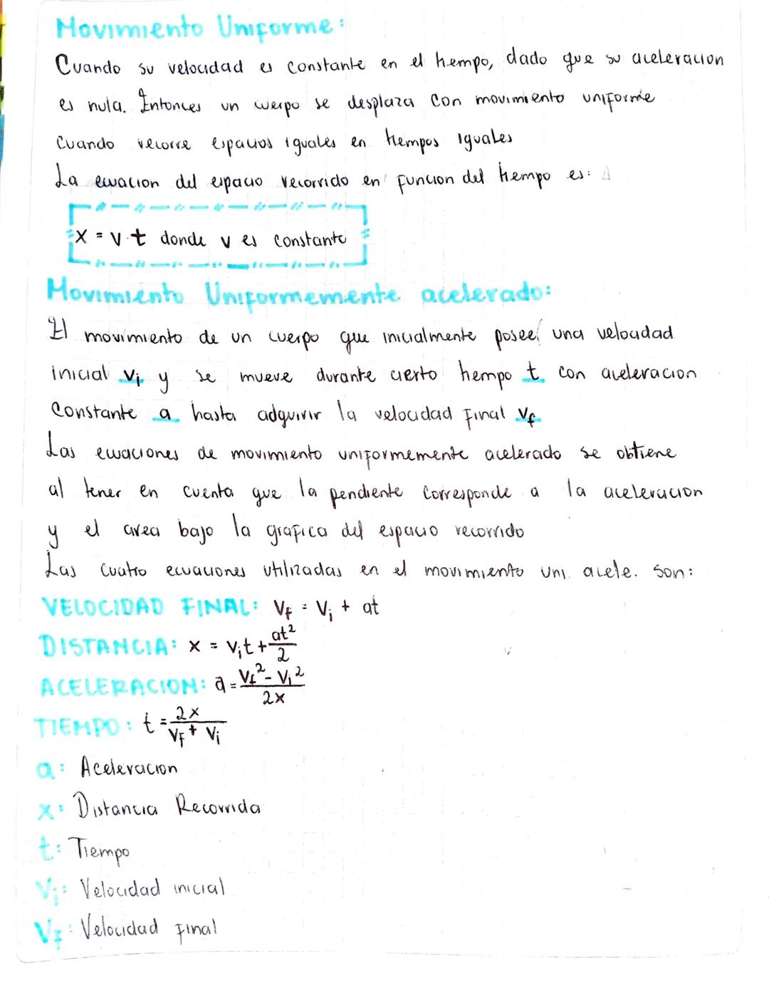 Movimiento Uniforme:
Cuando su velocidad es constante en el tempo, dado que su aceleracion.
es nula. Entonces
un cuerpo se desplaza con movi
