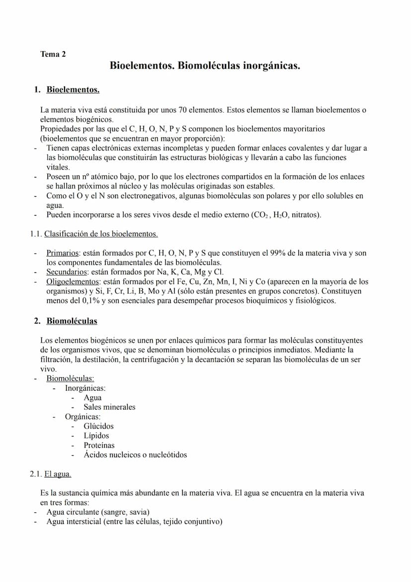 Tema 2
Bioelementos. Biomoléculas inorgánicas.
1. Bioelementos.
-
La materia viva está constituida por unos 70 elementos. Estos elementos se