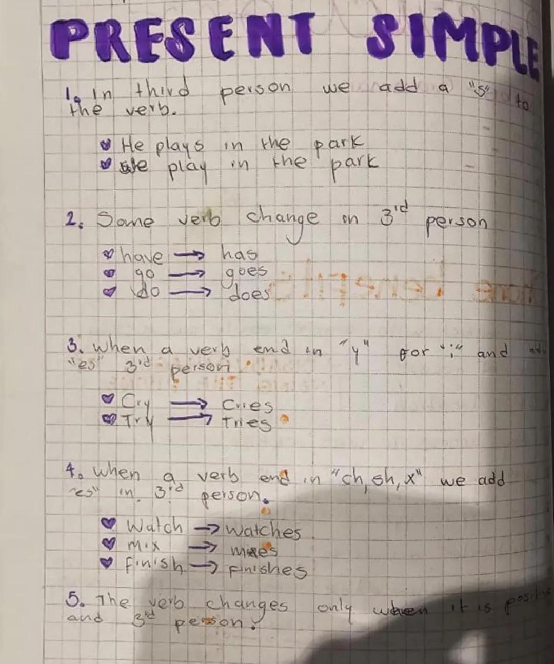 # PRESENT SIMPLE

1. In third person we add a "s" to the verb.

*   He plays in the park
*   We play in the park

2. Some verb change in $3^