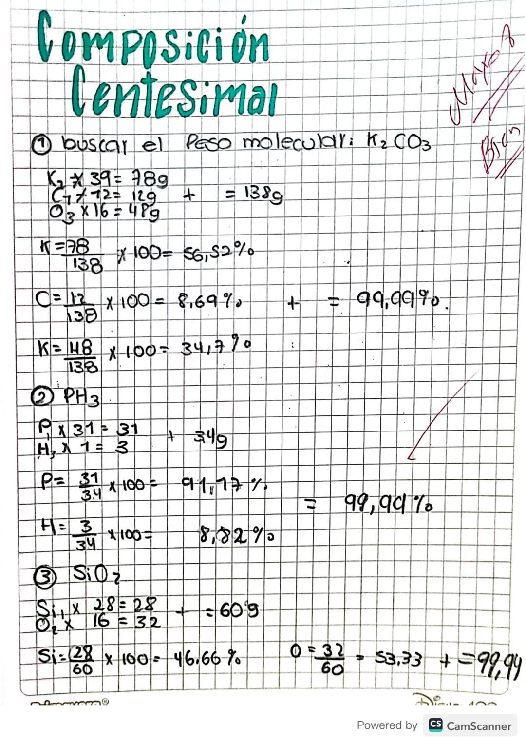 # Composición

# Centesimal

① buscar el Peso molecular: K2CO3

K₂x 39=78g
C x 12=12g
O₃ x 16=48g
+ = 138g

K=$\frac{78}{138}$ x 100= 56,52%