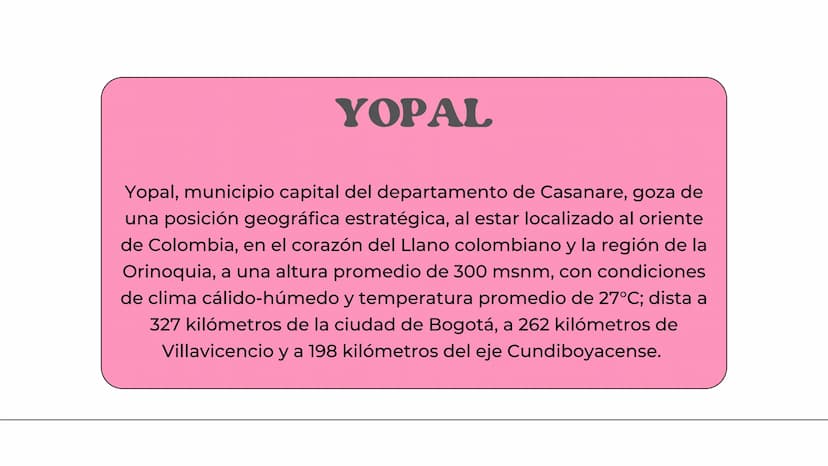ALEJANDRA SIERRA
PLAN DE DESAROLLO
H H
)(
MUNICIPAL DE
YOPAL YOPAL
Yopal, municipio capital del departamento de Casanare, goza de
una posici