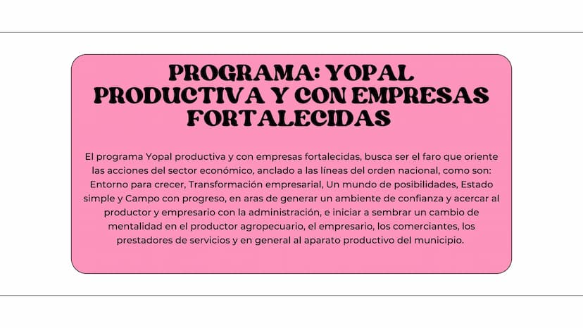 ALEJANDRA SIERRA
PLAN DE DESAROLLO
H H
)(
MUNICIPAL DE
YOPAL YOPAL
Yopal, municipio capital del departamento de Casanare, goza de
una posici