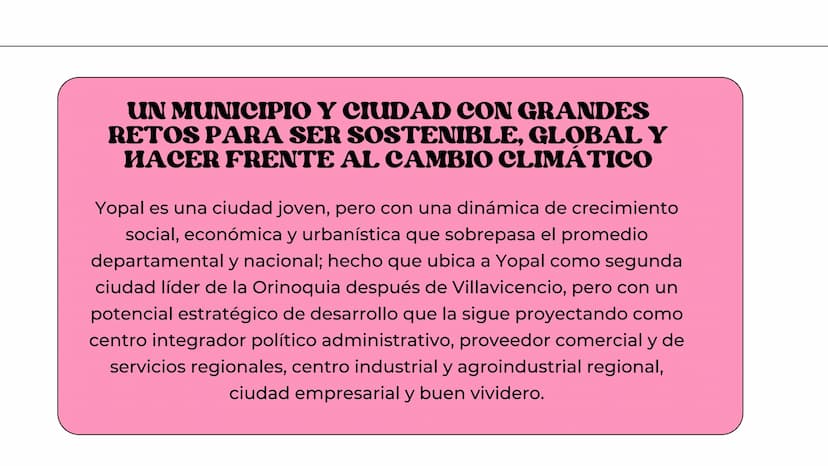 ALEJANDRA SIERRA
PLAN DE DESAROLLO
H H
)(
MUNICIPAL DE
YOPAL YOPAL
Yopal, municipio capital del departamento de Casanare, goza de
una posici
