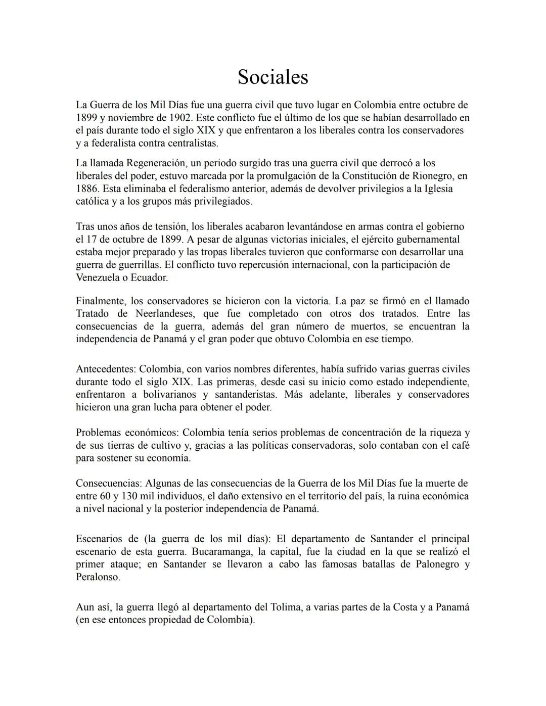 Sociales
La Guerra de los Mil Días fue una guerra civil que tuvo lugar en Colombia entre octubre de
1899 y noviembre de 1902. Este conflicto