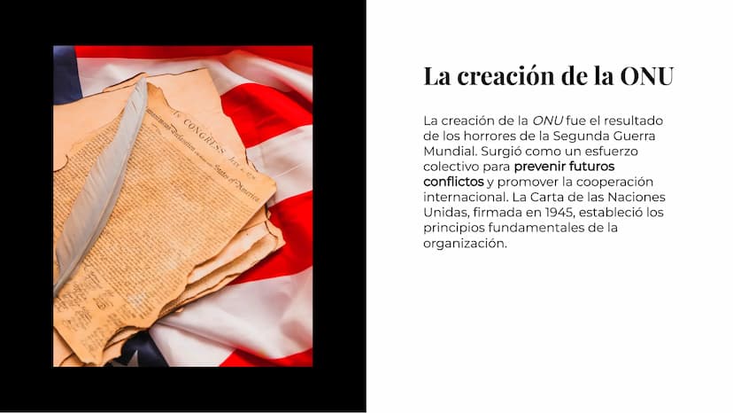 Un repaso
histórico de la
ONU Introducción
La Organización de las Naciones Unidas
(ONU) es un organismo internacional
que busca promover la 
