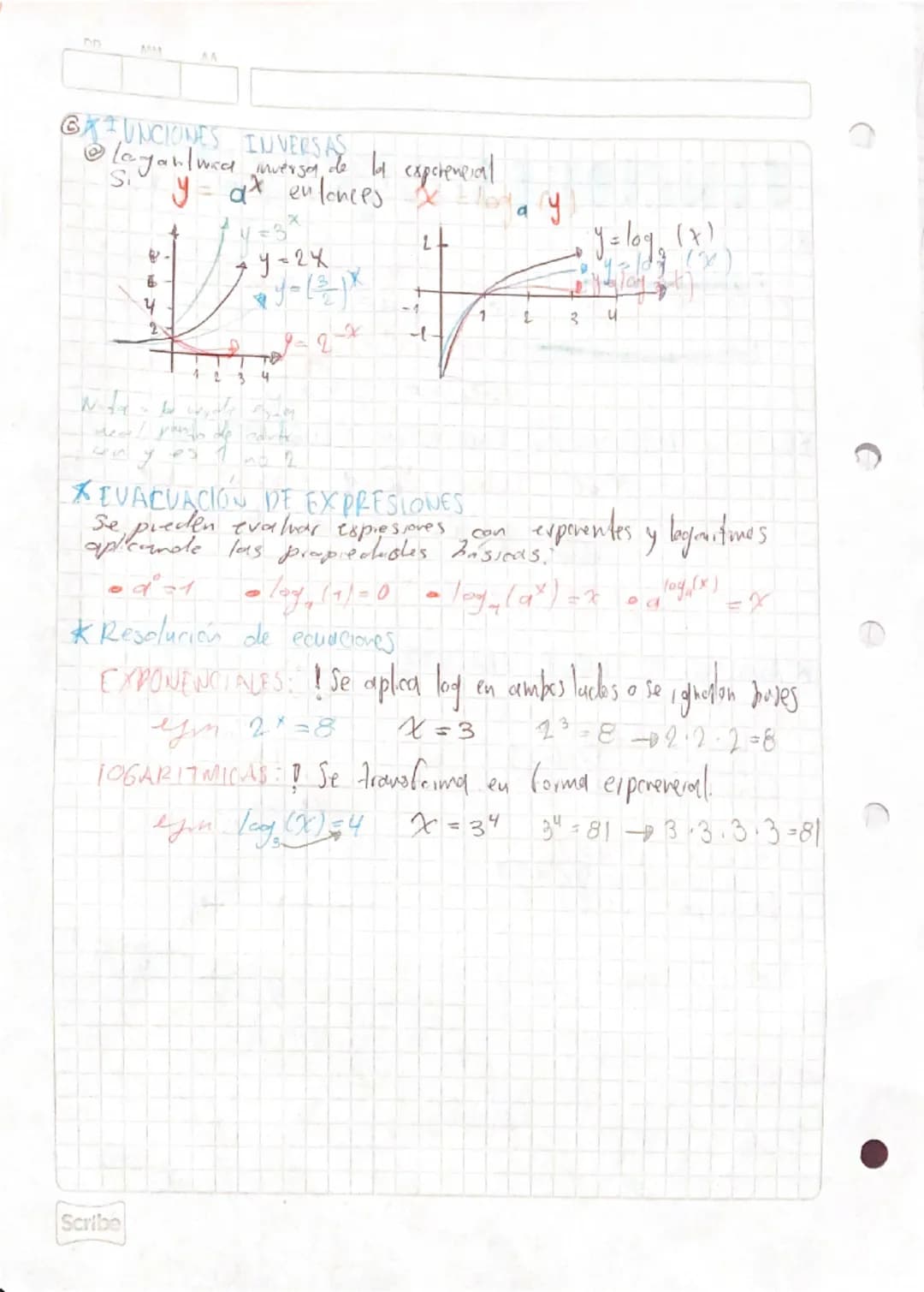 FUNCIONES
exponenciales
logarítmicas
# Reconocimiento
• EXPONENCIAL (forma.  $f(x) = a^x$ EJM: $2^x$
la variable está por
$a>0$  $y = a^x$
e