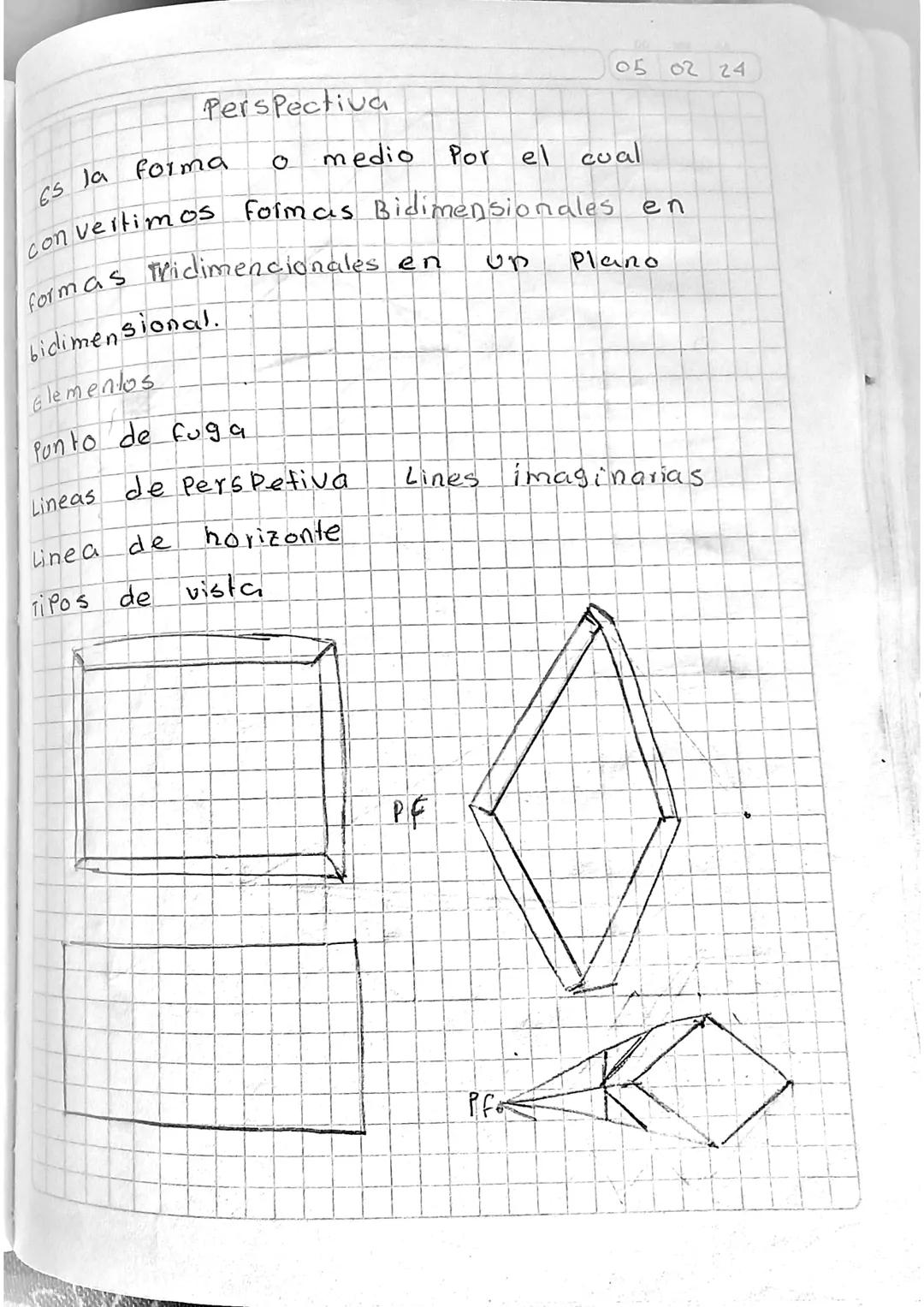 Perspectiva
05 02 24
6s la forma o medio Por el cual
convertimos formas Bidimensionales en
formas Tridimencionales en US Plano
bidimensional