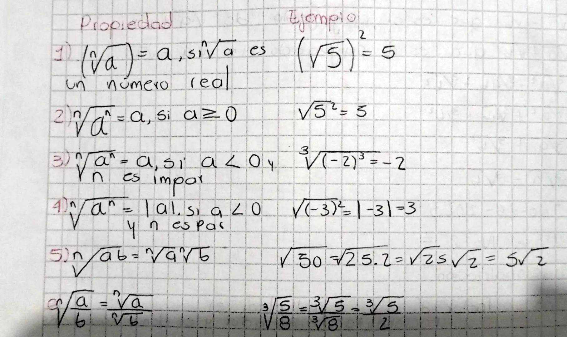 Propiedad

10
Ejemplo

$(\sqrt{a}) = a$, si $\sqrt{a}$ es $(\sqrt{5})^2 = 5$
un número real

2) $\sqrt[n]{a} = a$, si $a \geq 0$ $\sqrt{5^2}