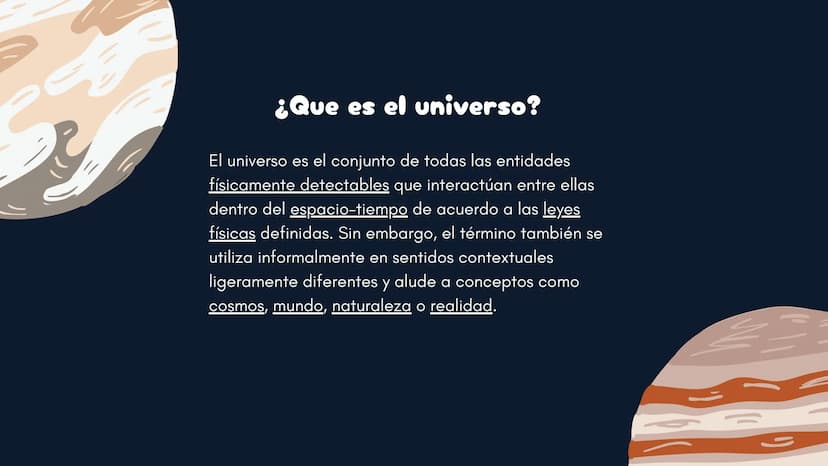 ELEMENTOS
DEL
UNIVERSO
Luisa Garcias, Laura Lopez, Valeria Marin y Alejandro Saavedra
N =
¿Que es el universo?
El universo es el conjunto de