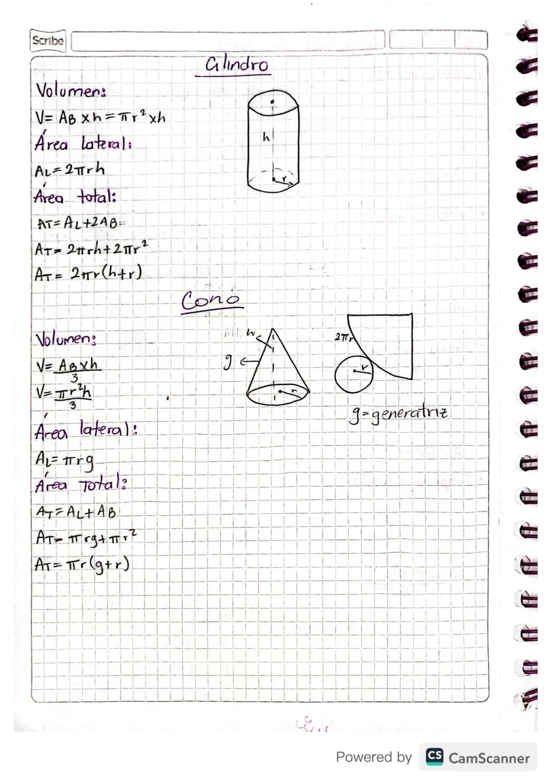 Scribe
Volumen:
V= AB xh=πr²xh
Área lateral:
AL-2πrh
Area total:
AT=AL+2AB=
AT = 2πrh+ 2πr 2
AT = 2πTY (h+r)
Glindro
Cono
h
Volumen:
V=ABxh
