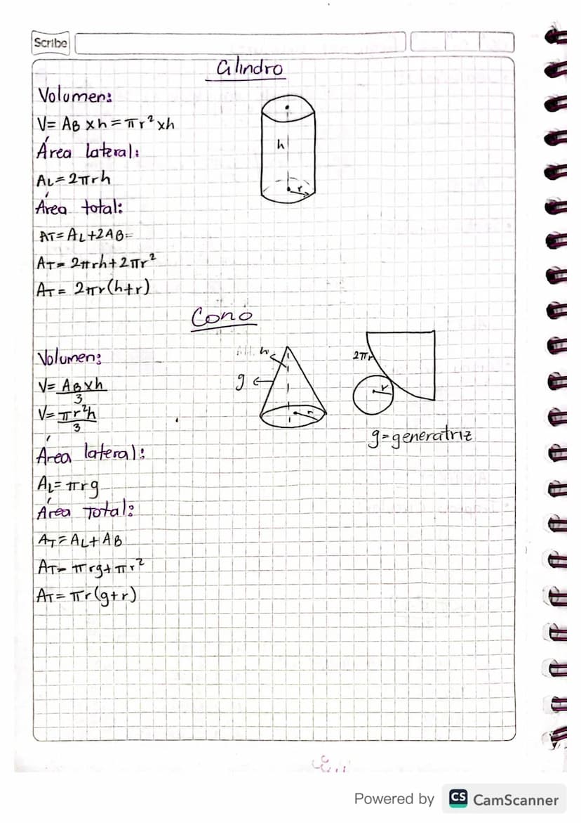 Scribe
Volumen:
V= AB xh=πr²xh
Área lateral:
AL-2πrh
Area total:
AT=AL+2AB=
AT = 2πrh+ 2πr 2
AT = 2πTY (h+r)
Glindro
Cono
h
Volumen:
V=ABxh
