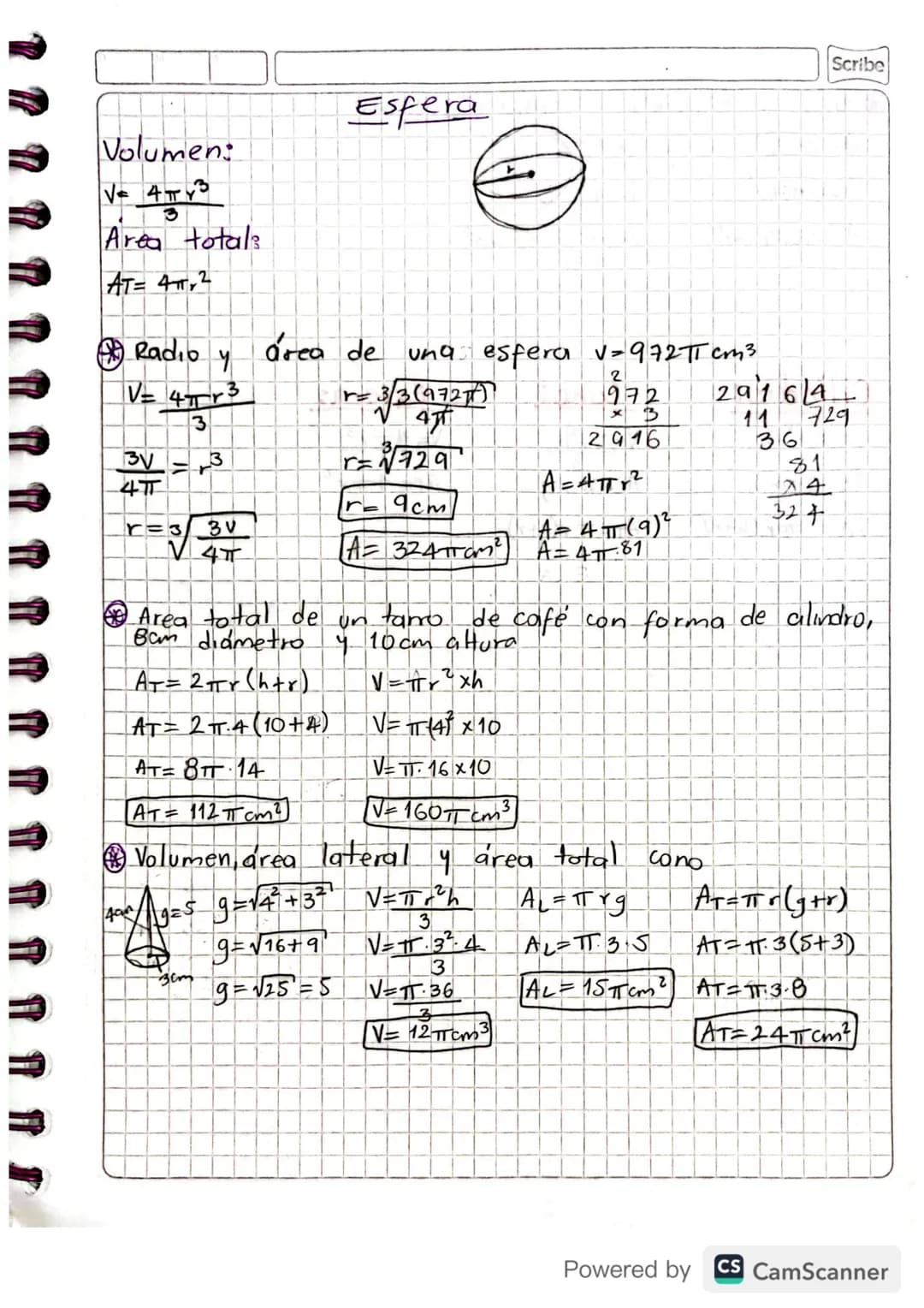 Scribe
Volumen:
V= AB xh=πr²xh
Área lateral:
AL-2πrh
Area total:
AT=AL+2AB=
AT = 2πrh+ 2πr 2
AT = 2πTY (h+r)
Glindro
Cono
h
Volumen:
V=ABxh
