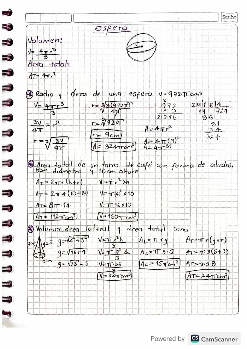 Scribe
Volumen:
V= AB xh=πr²xh
Área lateral:
AL-2πrh
Area total:
AT=AL+2AB=
AT = 2πrh+ 2πr 2
AT = 2πTY (h+r)
Glindro
Cono
h
Volumen:
V=ABxh
