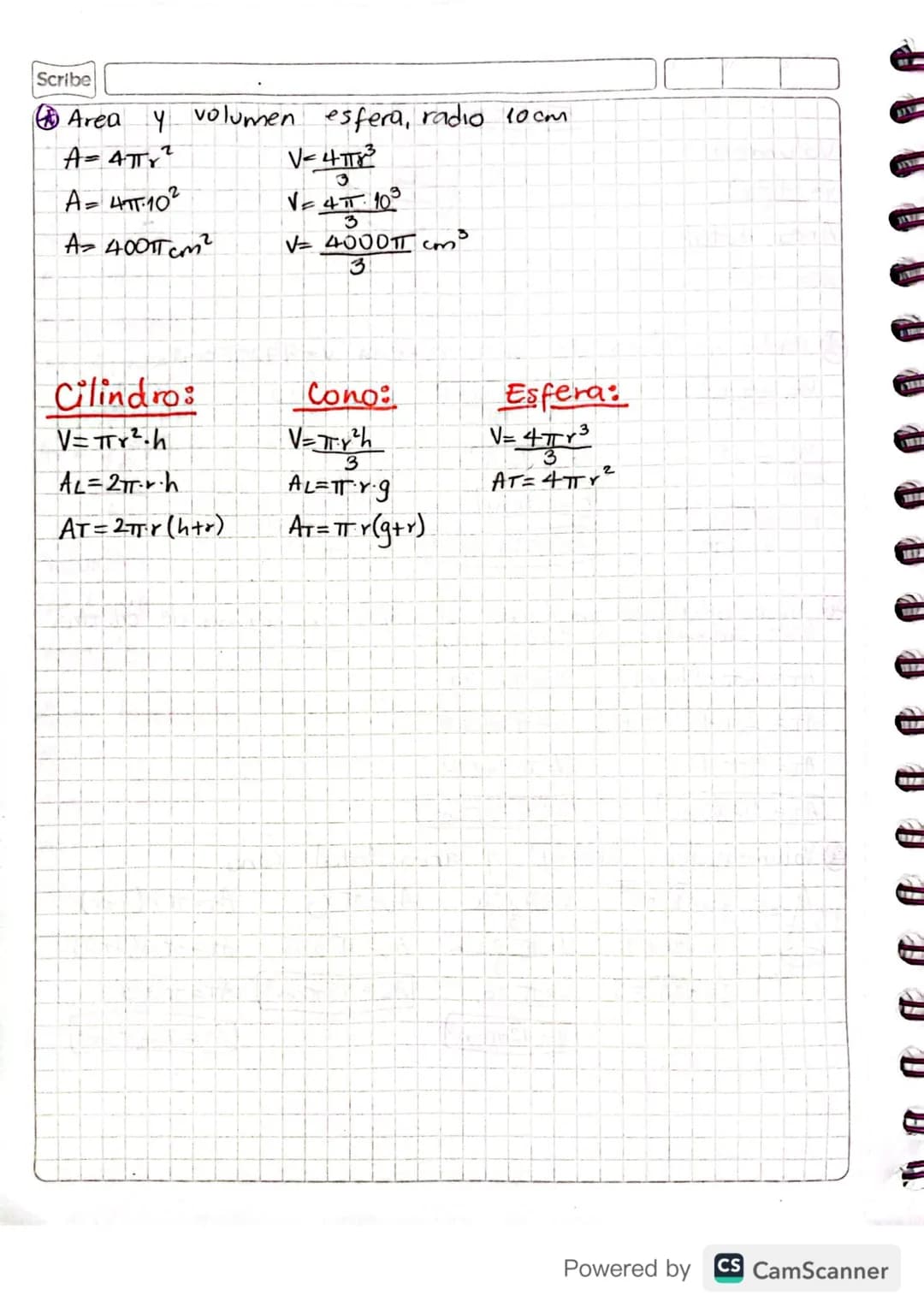 Scribe
Volumen:
V= AB xh=πr²xh
Área lateral:
AL-2πrh
Area total:
AT=AL+2AB=
AT = 2πrh+ 2πr 2
AT = 2πTY (h+r)
Glindro
Cono
h
Volumen:
V=ABxh
