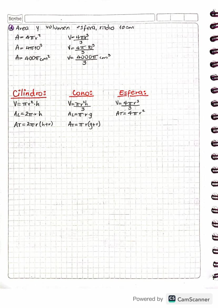 Scribe
Volumen:
V= AB xh=πr²xh
Área lateral:
AL-2πrh
Area total:
AT=AL+2AB=
AT = 2πrh+ 2πr 2
AT = 2πTY (h+r)
Glindro
Cono
h
Volumen:
V=ABxh
