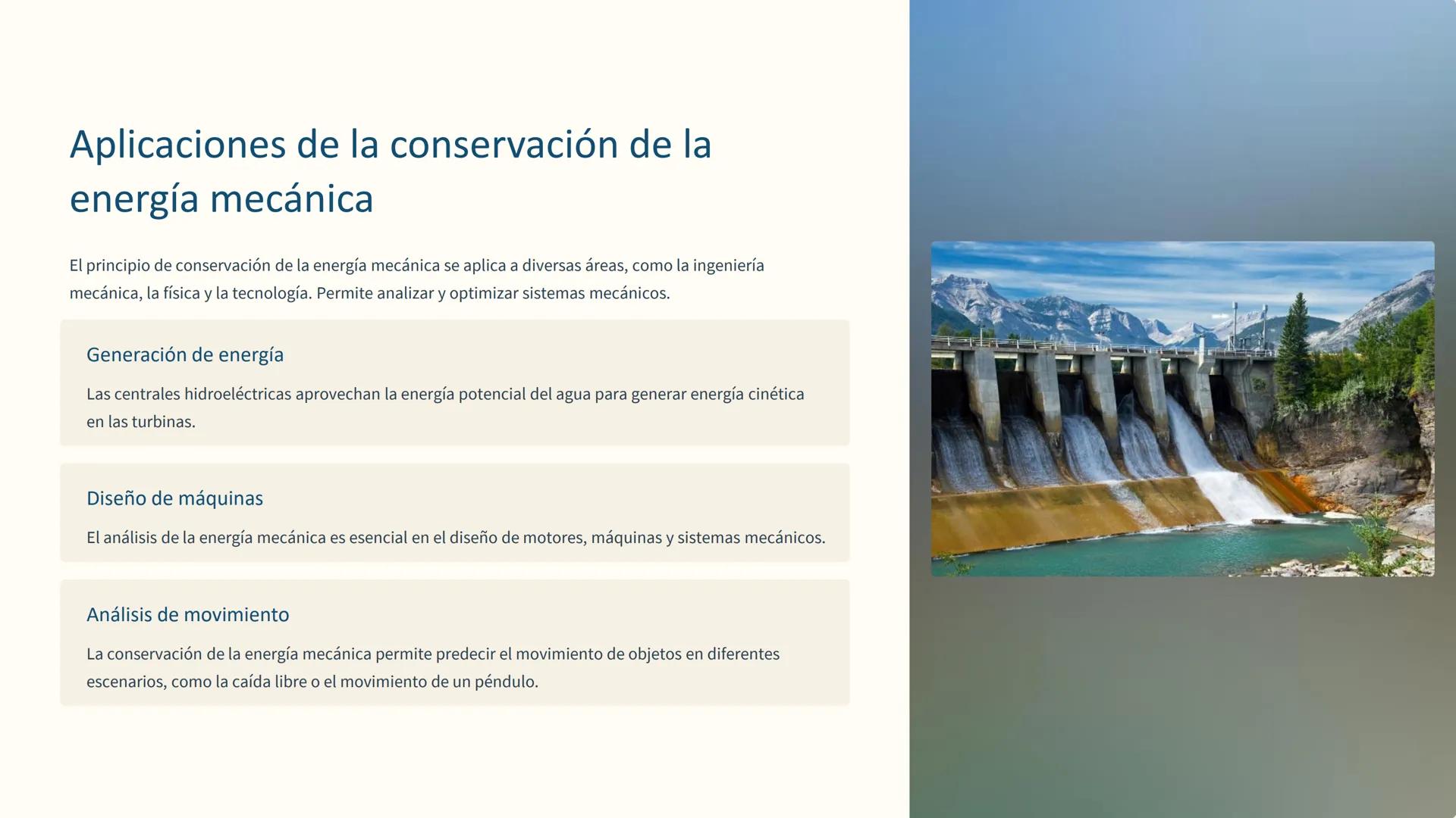 # la energía mecánica

mecánica

La energía mecánica es la capacidad de un objeto para realizar
trabajo. Se clasifica en energía cinética, r