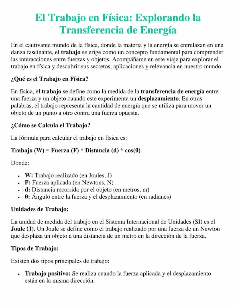 El Trabajo en Física: Explorando la
Transferencia de Energía
En el cautivante mundo de la física, donde la materia y la energía se entrelaza
