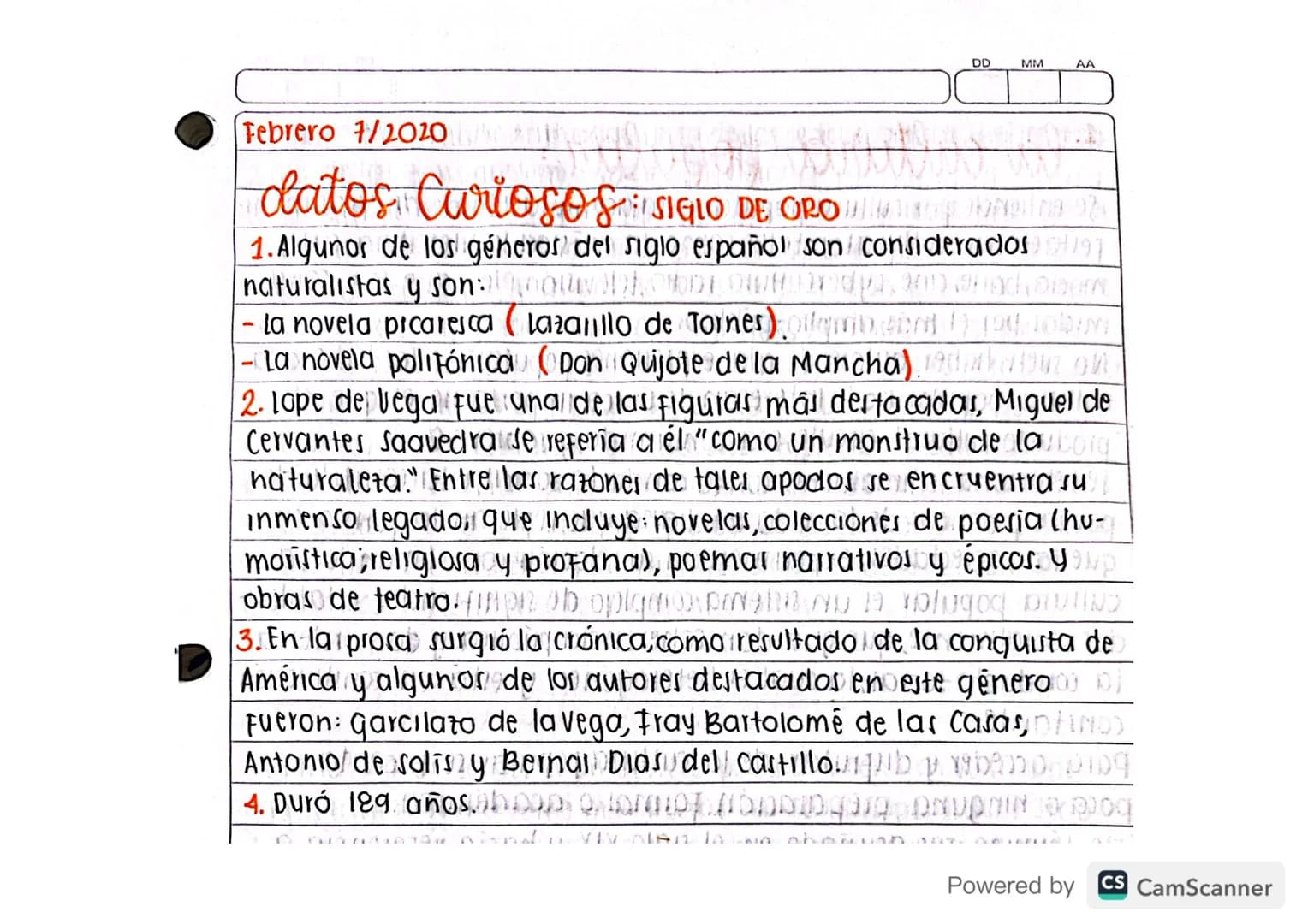 Febrero 3/2020
Siglo de Oro español.
י
A hivel literano y cultural, Fue un periodo de florecimiento en
España. Se dio en 1492 y terminó en 1