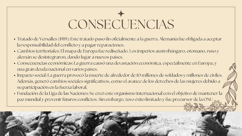 PRIMERA
GUERRA
MUNDIAL
1914-1918
Ciencias Sociales
Secundaria
Historia ÍNDICE
1. Introducción
2. Desarrollo del Conflicto
3. Consecuencias d