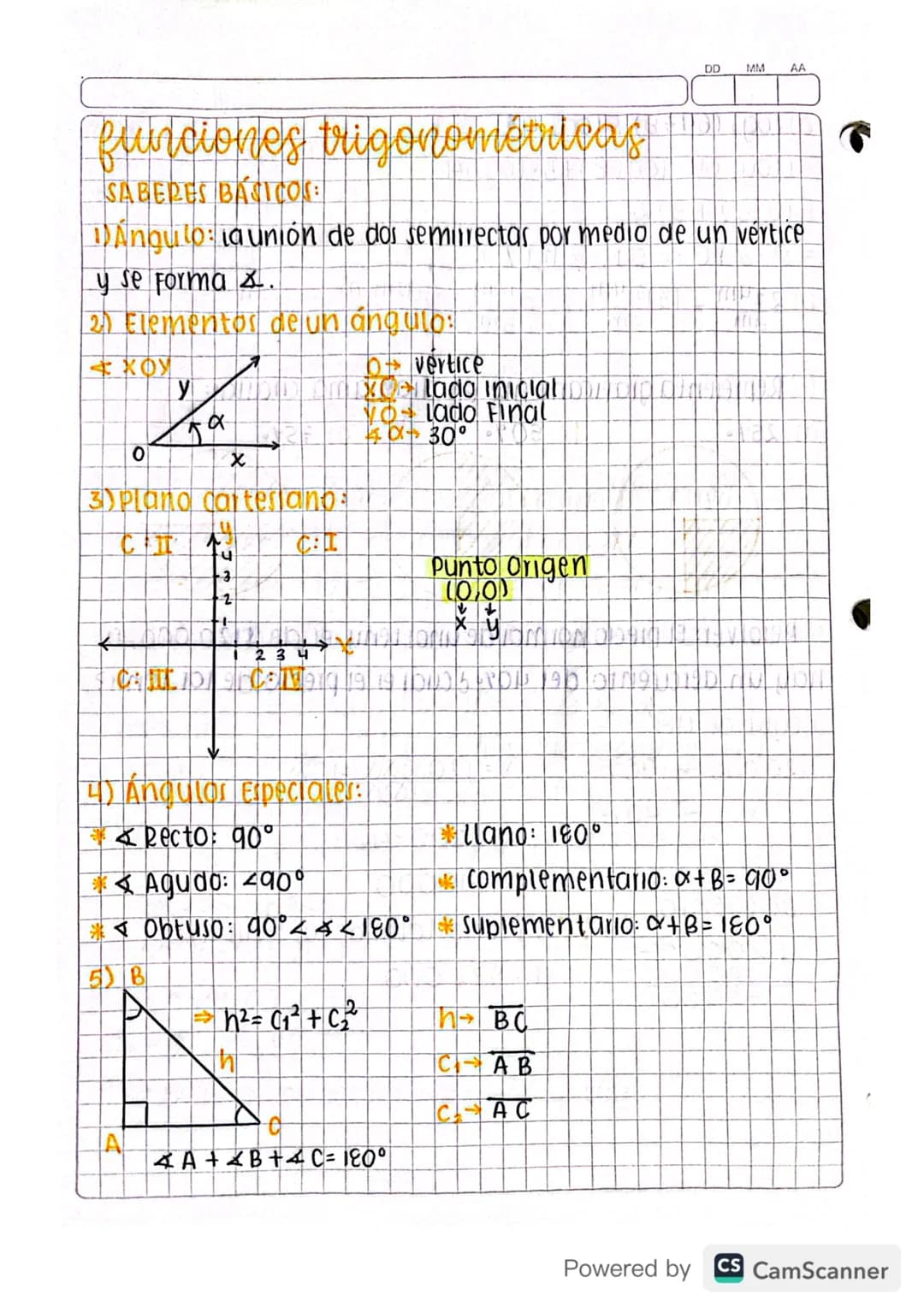 DD
MM
AA
funciones trigonométricas
SABERES BASICOS:
1) Angulo: la unión de dos semirectas por medio de un vertice
y se Forma &.
2) Elementos