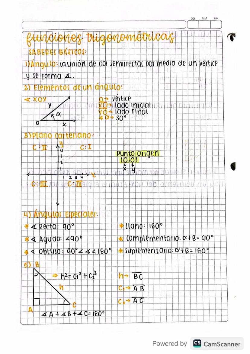 DD
MM
AA
funciones trigonométricas
SABERES BASICOS:
1) Angulo: la unión de dos semirectas por medio de un vertice
y se Forma &.
2) Elementos
