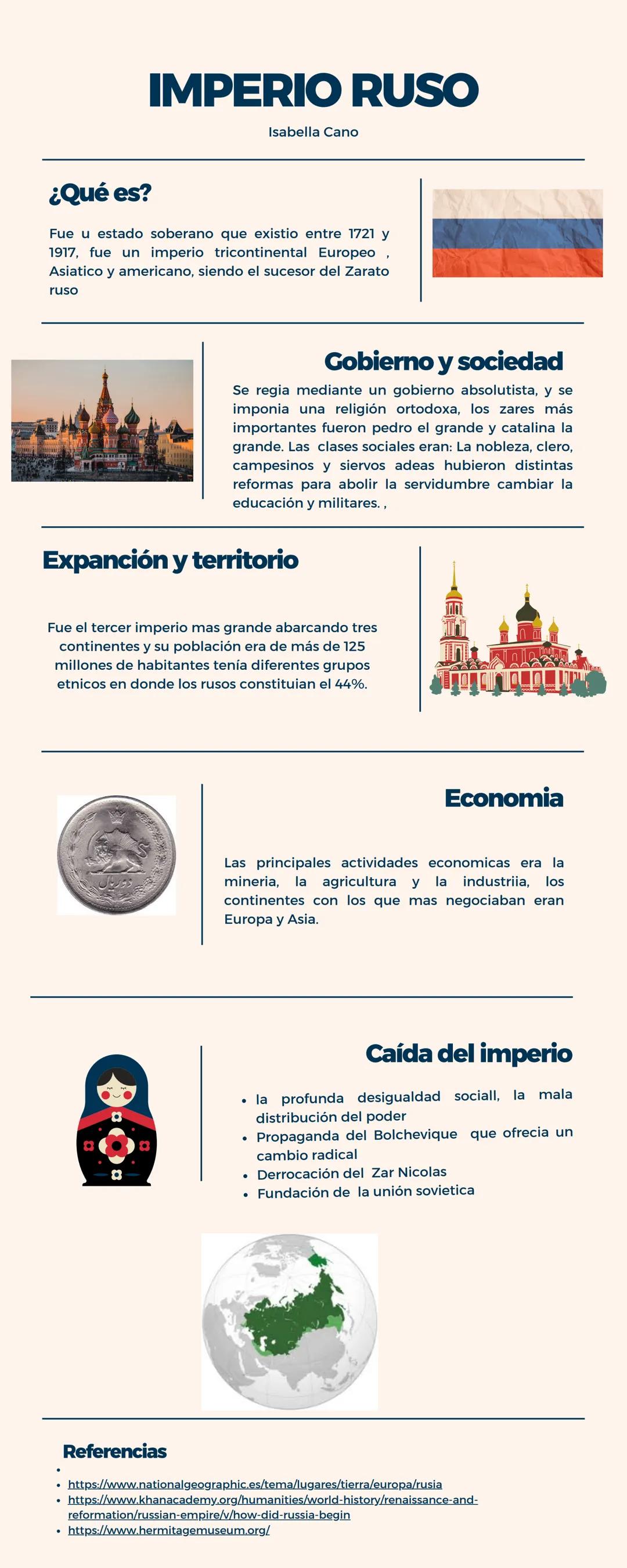 IMPERIO RUSO
Isabella Cano
¿Qué es?
Fue u estado soberano que existio entre 1721 y
1917, fue un imperio tricontinental Europeo
Asiatico y am