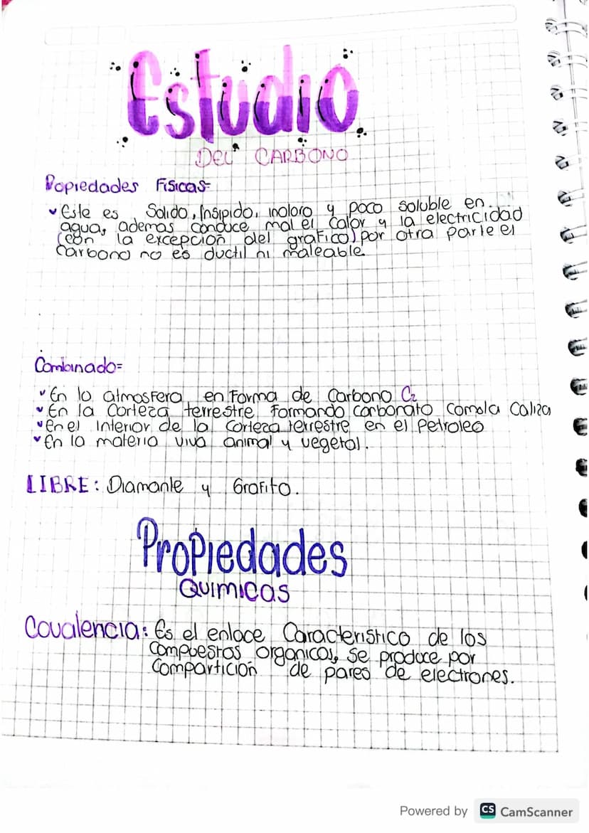 Estudio
1
DEL CARBONO.
Popiedades Fisicas
Este es
agua,
(eon
Solido, Insipido, noloro y poco soluble en.
ademas conduce mal el calor a la el