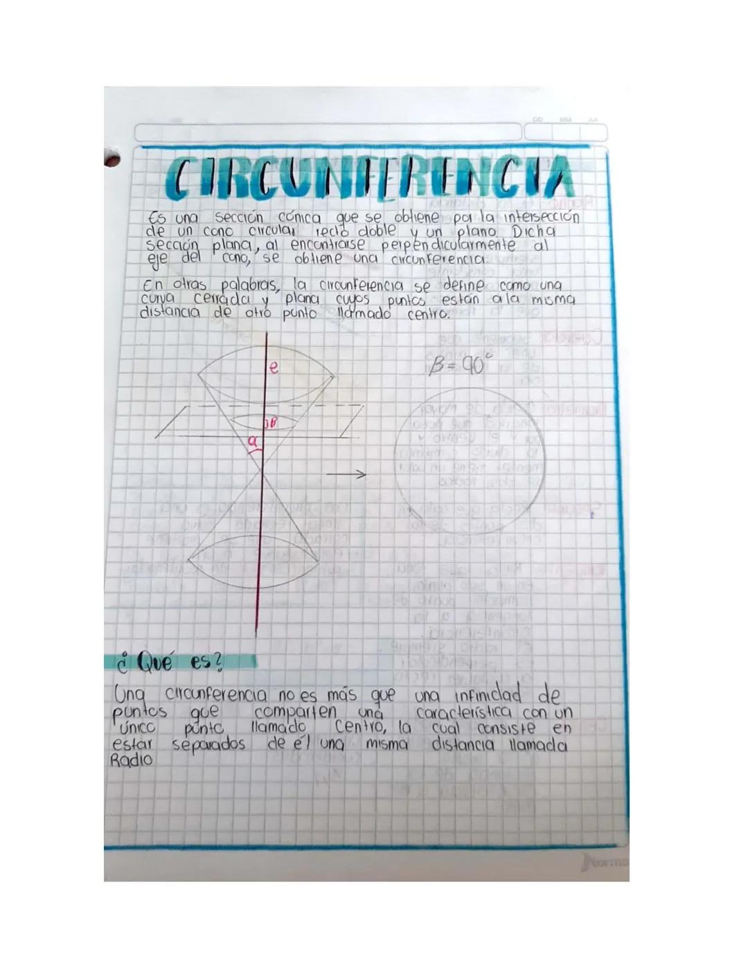 CIRCUNITRENCIA
Es una
Sección conica que se obtiene por la intersección
de un cono circular recto doble y un plano Dicha
sección plana, al e
