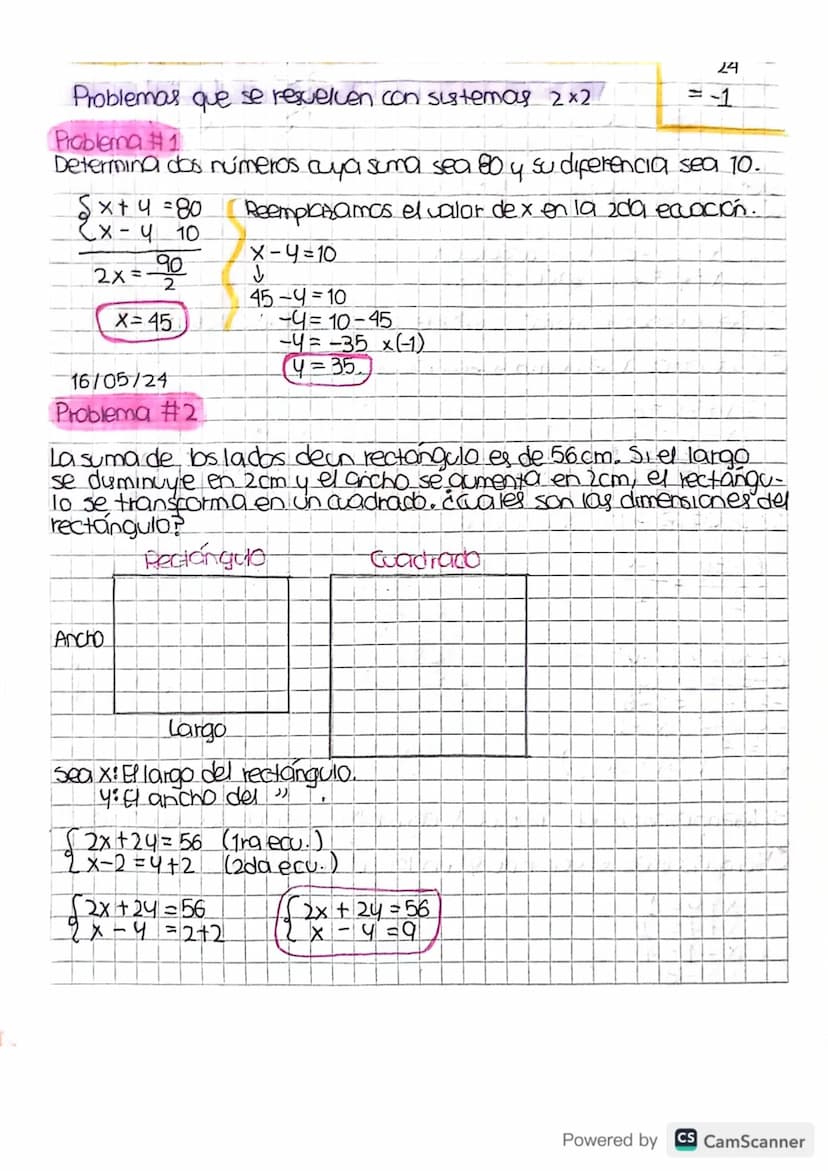 24
Problemas
que
se resuelven con sistemas 2x2
=-1
Problema #1
Determina dos números aya suma sea 80 y su diferencia sea 10.
x+4=80
(x-4 10
