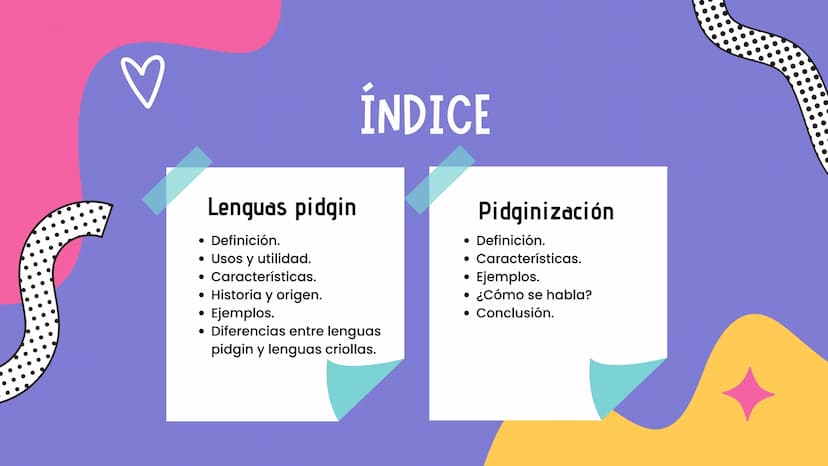LENGUAS PIDGIN
Y PIDGINIZACIÓN S
•
Lenguas pidgin
• Definición.
• Usos y utilidad.
⚫ Características.
• Historia y origen.
Ejemplos.
ÍNDICE
