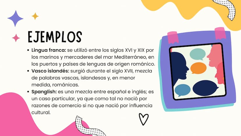 LENGUAS PIDGIN
Y PIDGINIZACIÓN S
•
Lenguas pidgin
• Definición.
• Usos y utilidad.
⚫ Características.
• Historia y origen.
Ejemplos.
ÍNDICE
