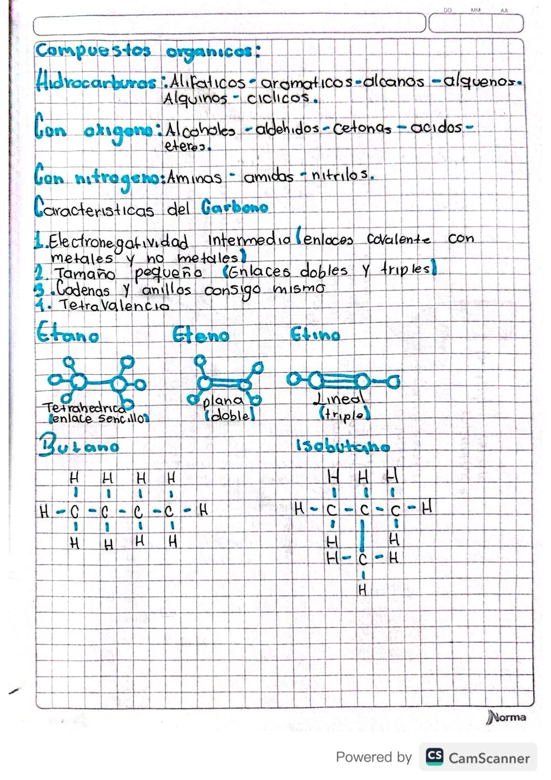 Compuestos organicos:

Hidrocarburas: Alifaticos - aromaticos - alcanos - alquenos.
Alquinos - ciclicos.

Con oxigens: Alcoholes - aldehidos