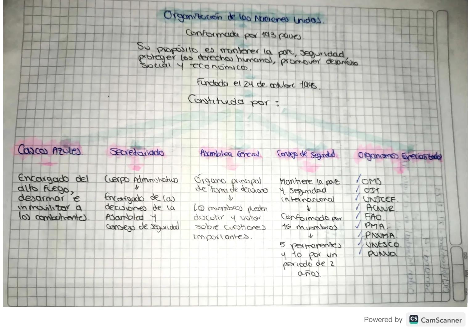 S
Organización de las Naciones Unidas.
Conformada por 193 paises
proposito es mantener la par, seguridad,
proteger los derechos humanos, pro