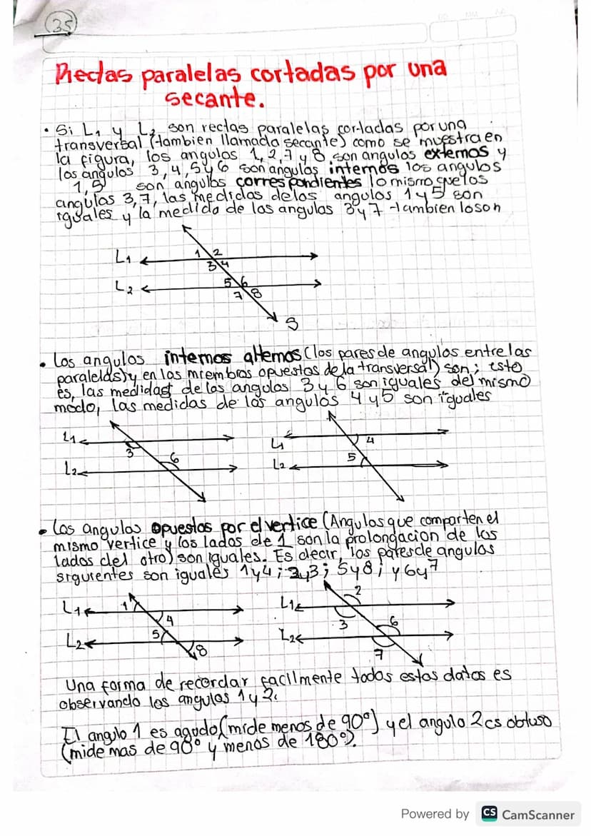 Pedas paralelas cortadas por una
secante.
• Si L₁ y L₂ son rectas paralelas cortadas por una
transversal tambien llamada secante) como se mu