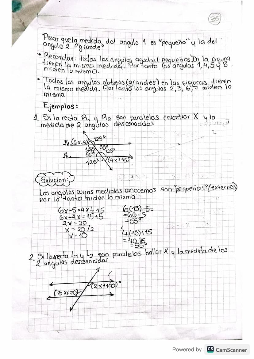 Pedas paralelas cortadas por una
secante.
• Si L₁ y L₂ son rectas paralelas cortadas por una
transversal tambien llamada secante) como se mu