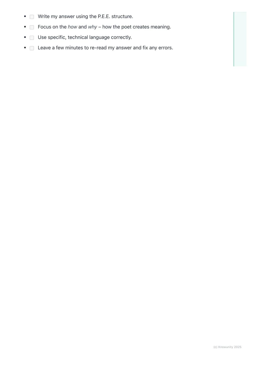 # Analysing Unseen Poetry

My approach to unseen poetry

This is a key part of the exam, so I need a solid, repeatable strategy. The goal
is