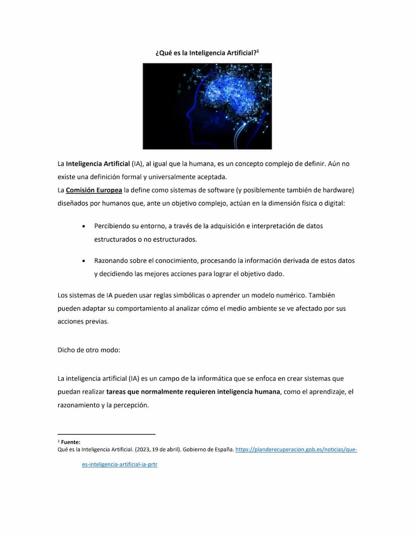 ¿Qué es la Inteligencia Artificial?¹
La Inteligencia Artificial (IA), al igual que la humana, es un concepto complejo de definir. Aún no
exi