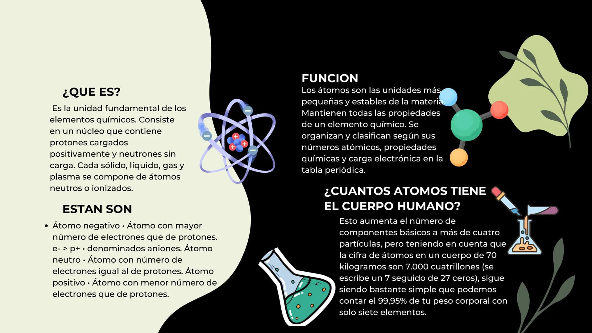 El átomo •
¿QUE ES?
Es la unidad fundamental de los
elementos químicos. Consiste
en un núcleo que contiene
protones cargados
positivamente y