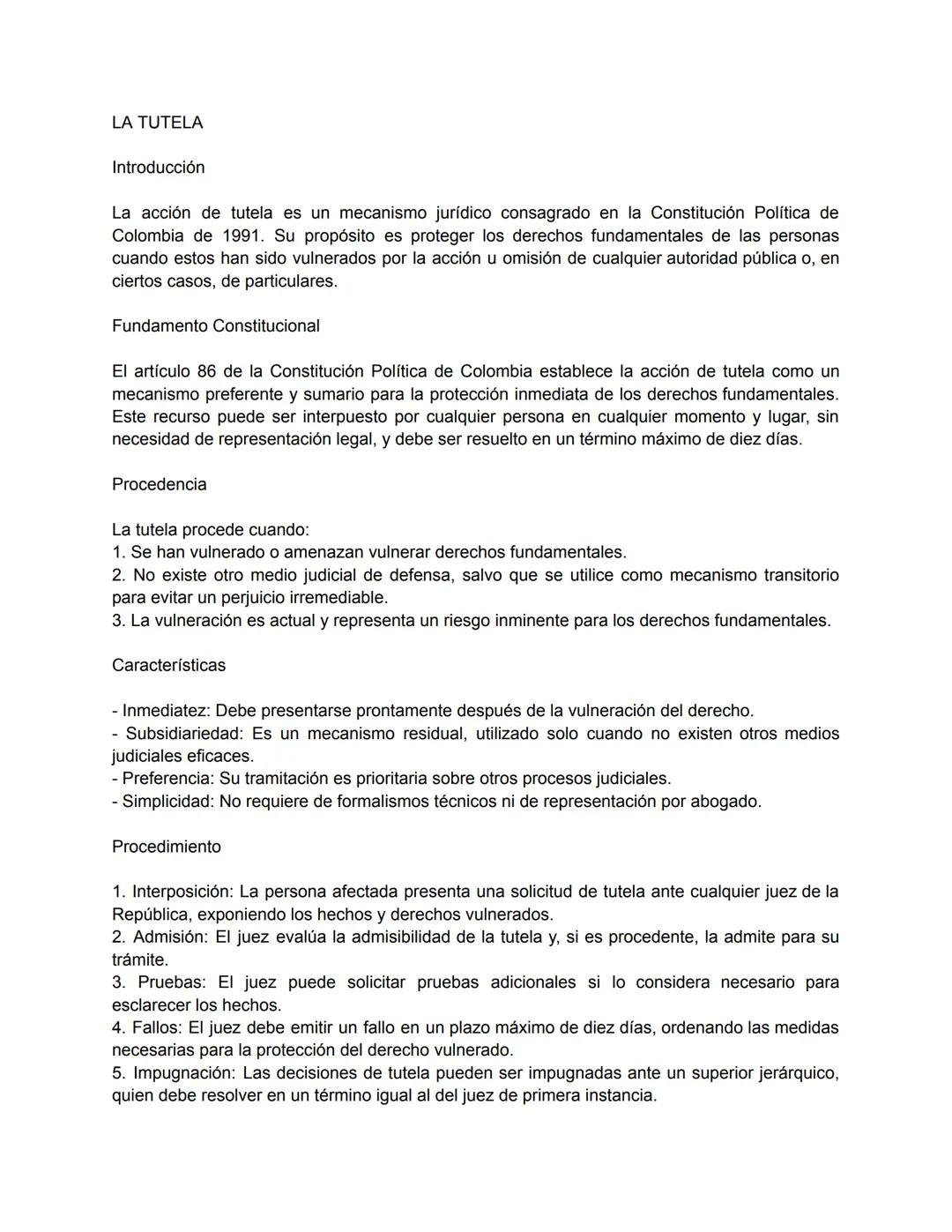 # LA TUTELA

Introducción

La acción de tutela es un mecanismo jurídico consagrado en la Constitución Política de
Colombia de 1991. Su propó