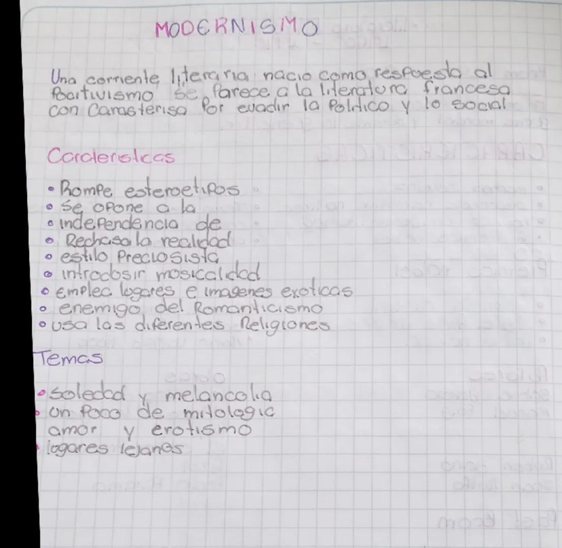 MODERNISMO
Una corrente literaria nacio como respuesta al
Pocitivismo se farece a la literatura francesa
Con Carasterisa for evadir la Poldi