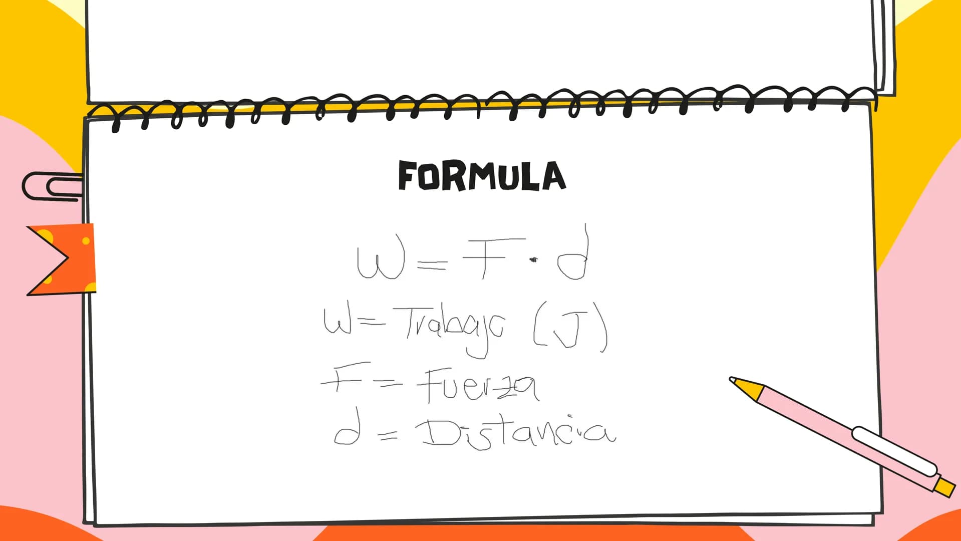TRABAJO QUE ES?
El trabajo es la fuerza que
se realiza para desplazar
un objeto de un punto A a
un punto B
F FORMULA
W = F⋅ d
W= Trabajo (J)