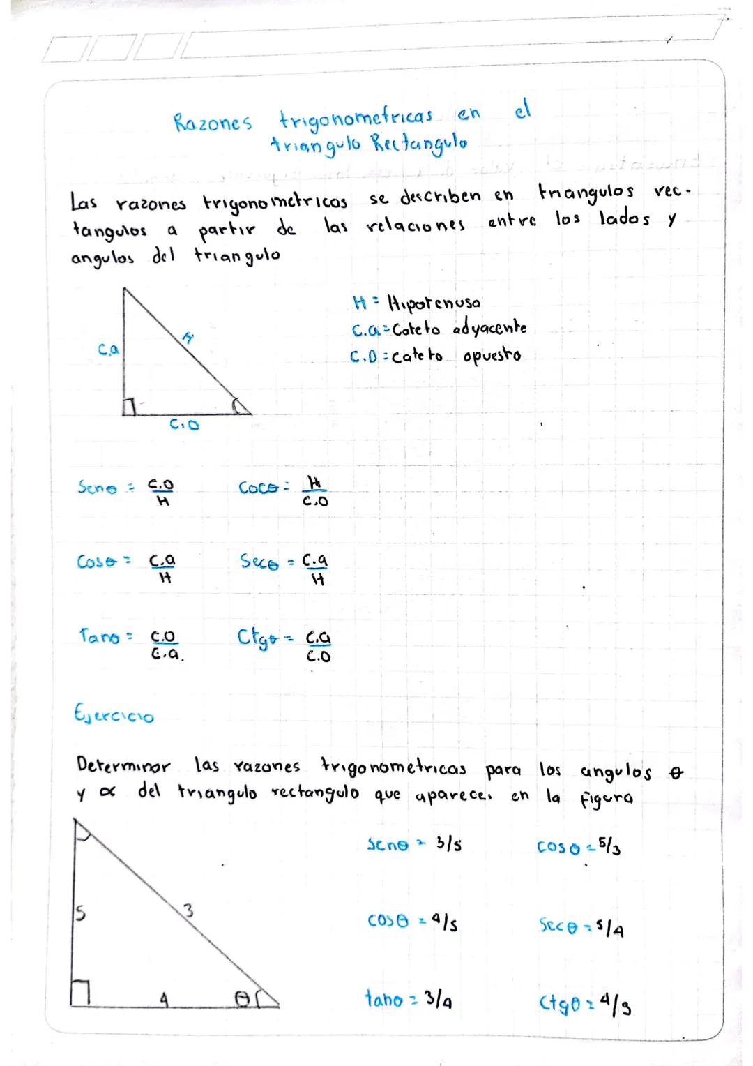 # Razones trigonometricas
en
el
triangulo Rectangulo

Las razones trigonometricas se describen en triangulos rec-
tangulos a partir de las r