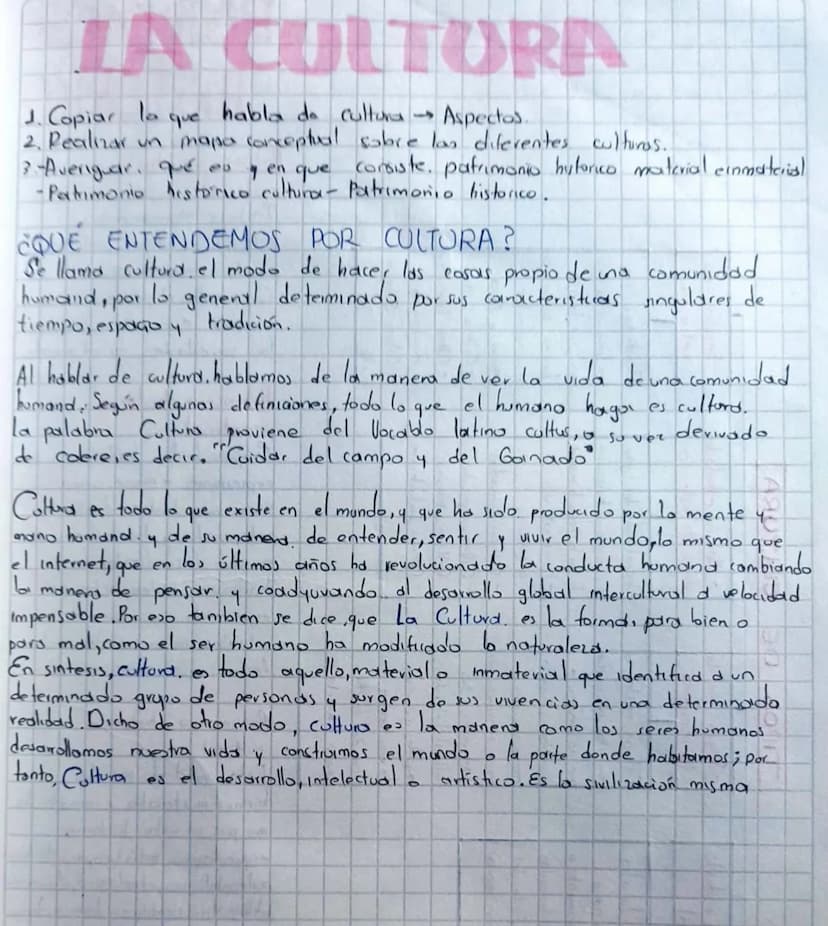 LA CULTURA
IA
J. Copiar
que
habla de cultura →
Aspectos.
2. Pealizar un mapa conceptual sobre las diferentes cultures.
3-Averiguar qué es y 