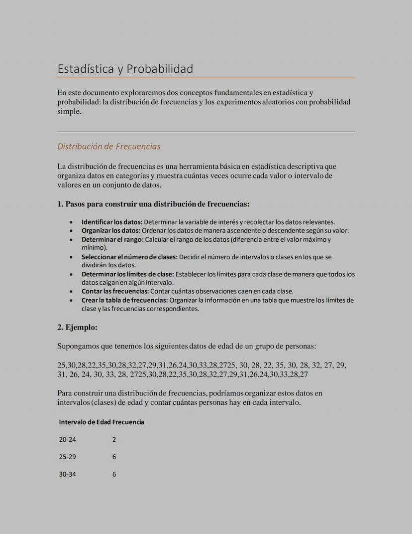 Estadística y Probabilidad
En este documento exploraremos dos conceptos fundamentales en estadística y
probabilidad: la distribución de frec